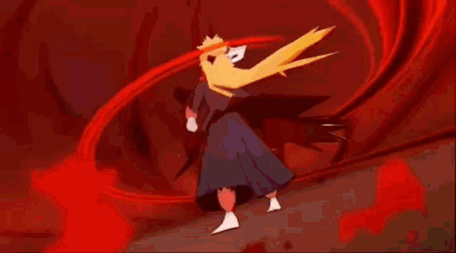 a cartoon character with a unicorn horn on his head is standing in front of a red background .