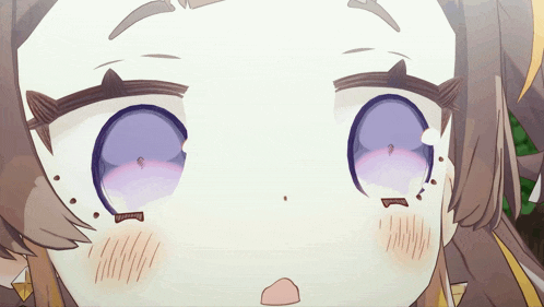 a close up of a girl with purple eyes