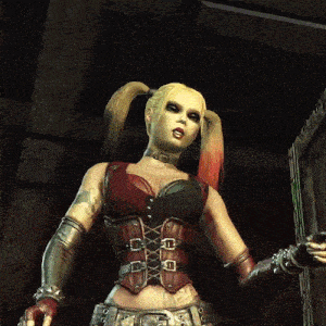 a woman in a harley quinn costume stands in front of a door