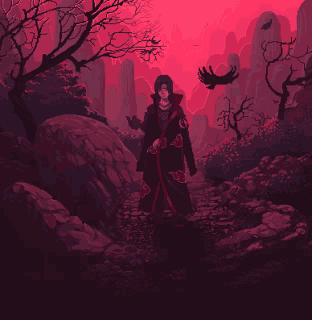 a pixel art drawing of a man standing in a forest