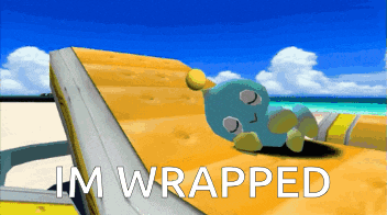 a cartoon character is laying on a yellow surface with the words i 'm wrapped below him
