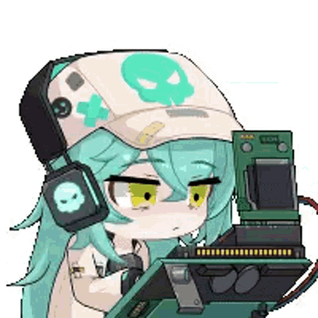 a pixel art of a girl wearing headphones and a skull hat .