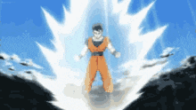 a man in an orange jumpsuit is standing in front of a blue sky surrounded by lightning .