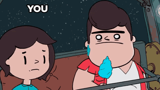 a cartoon of a man eating cotton candy and a girl looking sad