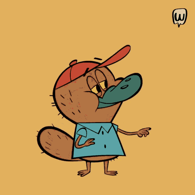 a cartoon character is laughing and pointing at something with the letter w next to him