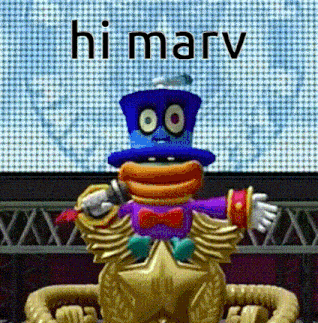 a cartoon character wearing a top hat and a bow tie is standing in front of a screen that says hi mary .