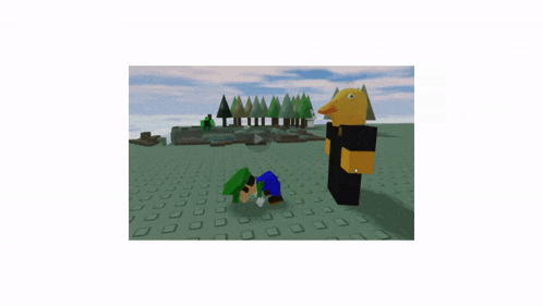 a cartoon character with a yellow head is standing next to a cartoon character with a green hat