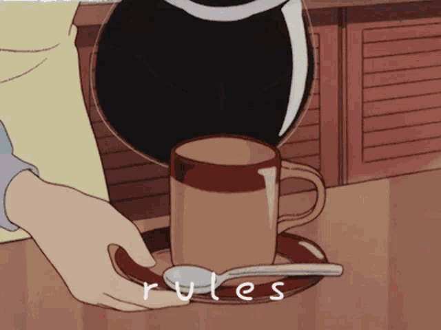 a person pouring coffee into a cup with the word rules below