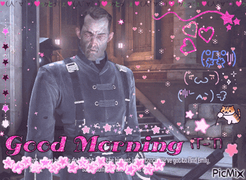a picture of a man with the words good morning written on it