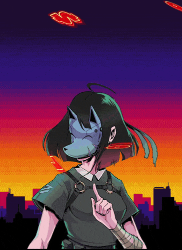 a pixel art drawing of a girl with a mask on