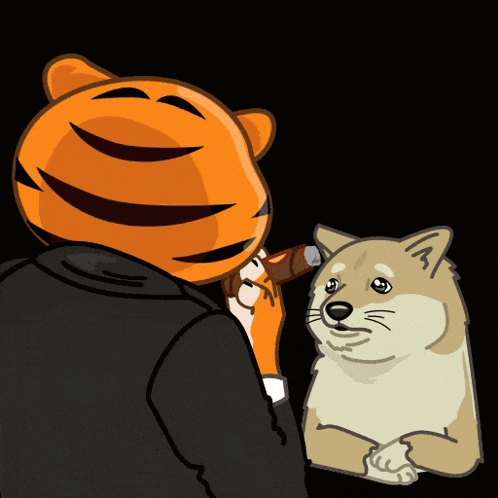 a cartoon of a man with a tiger head and a dog