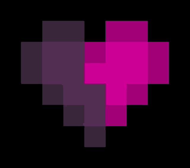 a pixel art heart made of purple squares on a black background