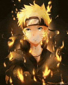 naruto is surrounded by flames in a dark room and is wearing a headband .
