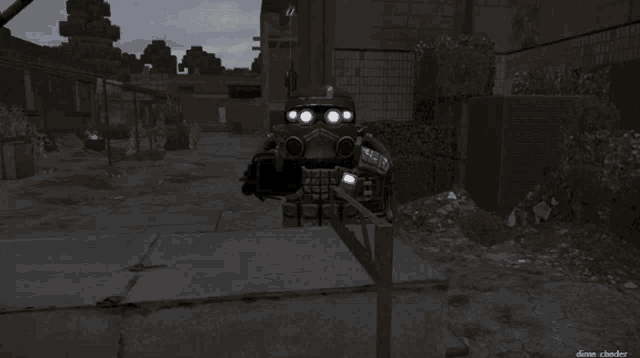 a screenshot of a video game shows a robot in the dark