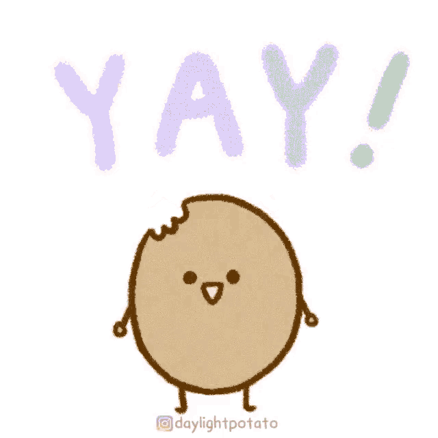 a cartoon of a potato with a bite taken out of it and the word yay above it