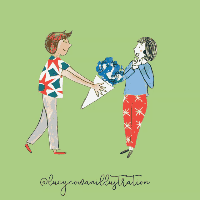 an illustration of a man giving a woman a bouquet of blue flowers