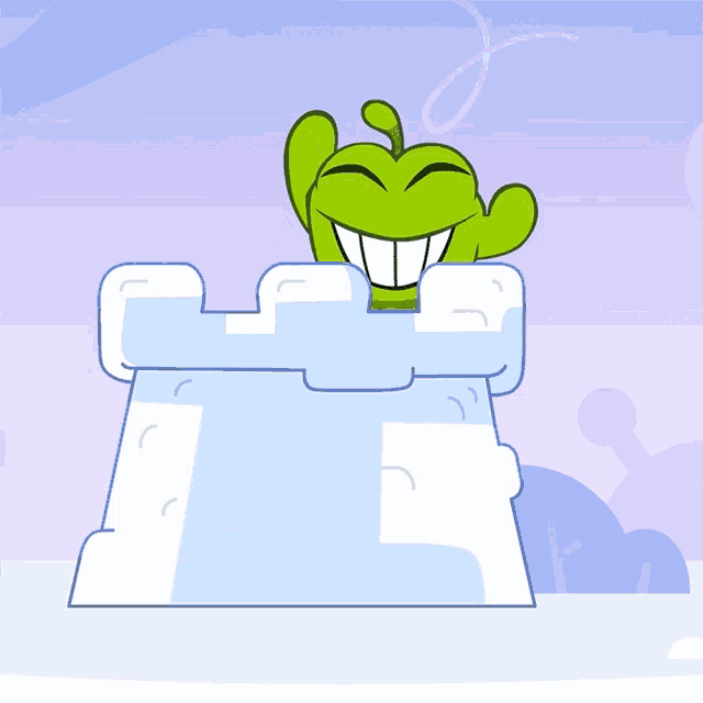 a cartoon character is standing on top of a snow castle and smiling