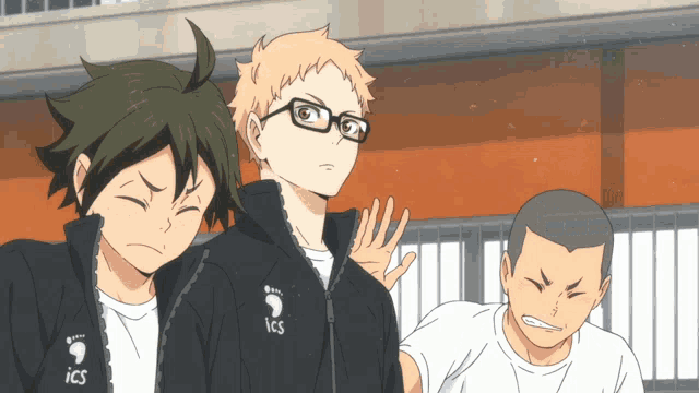 three anime characters wearing jackets that say ics