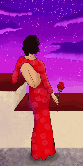 a woman in a red dress is holding a rose in front of a purple sky