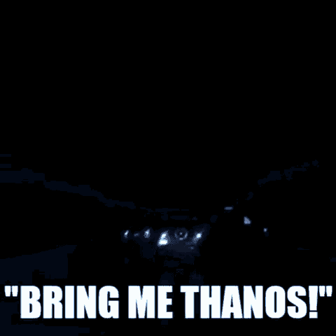 a car is driving down a road at night with the words `` bring me thanos '' written on the bottom .