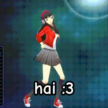 a girl in a red jacket and plaid skirt is dancing in a video game with the words hai : 3 above her .