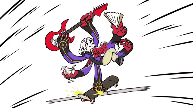 a cartoon drawing of a person riding a skateboard holding a guitar and a fan