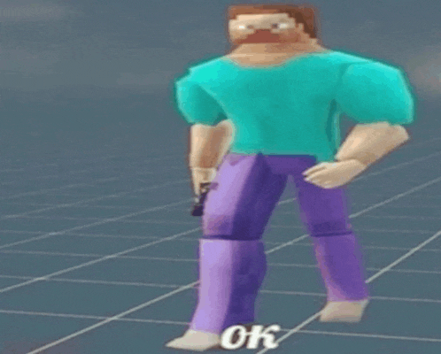 a man in a blue shirt and purple pants is standing on a grid .