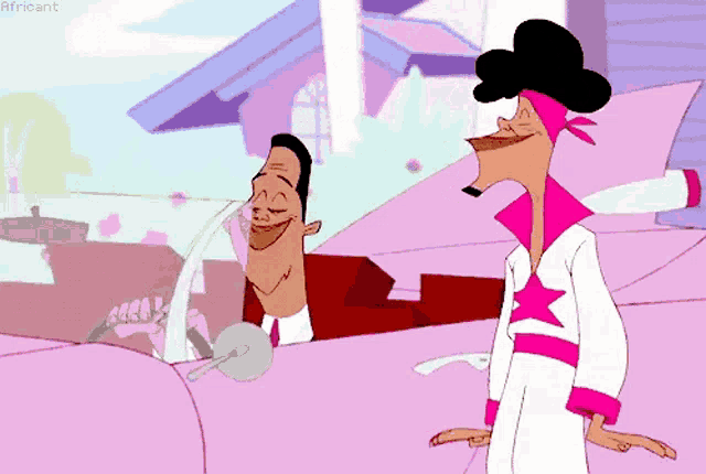 a cartoon of a man in a pink car with the word african on the bottom right