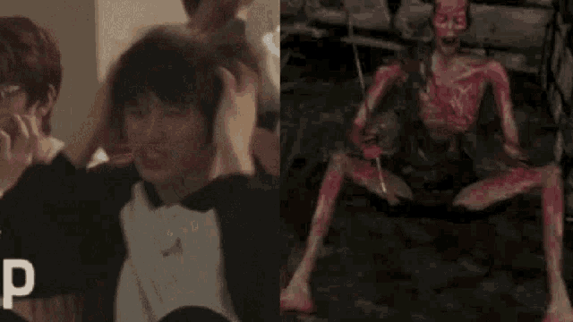 a gif of a person holding their head next to a gif of a monster