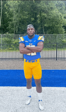 a football player in a blue and yellow uniform with the number 22 on his jersey