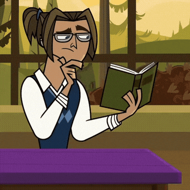 a cartoon character is reading a book while sitting at a desk