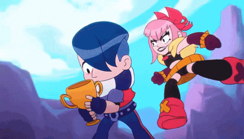 a cartoon of a boy holding a trophy and a girl kicking
