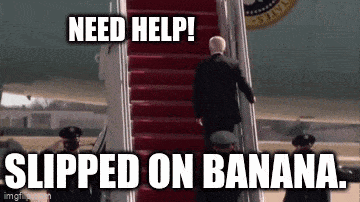 a man in a suit is walking up the stairs of an airplane with the caption need help slipped on banana .