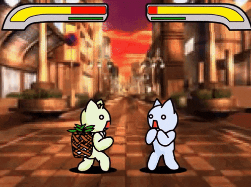 a cartoon of a cat holding a pineapple standing next to a white cat