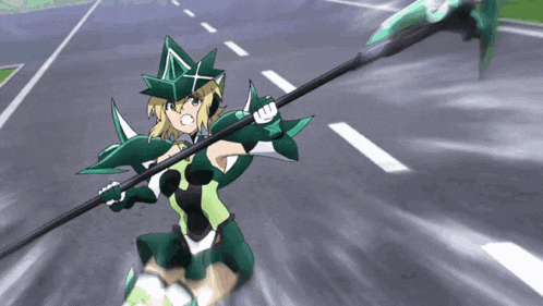 a girl in a green outfit is holding a spear in her hand