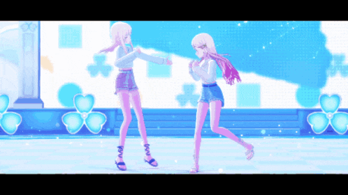 two anime girls are dancing in front of a blue background with hearts