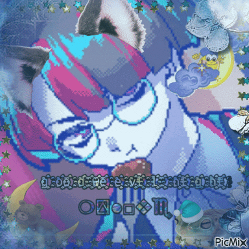 a pixel art drawing of a cat with the words picmix on the bottom right
