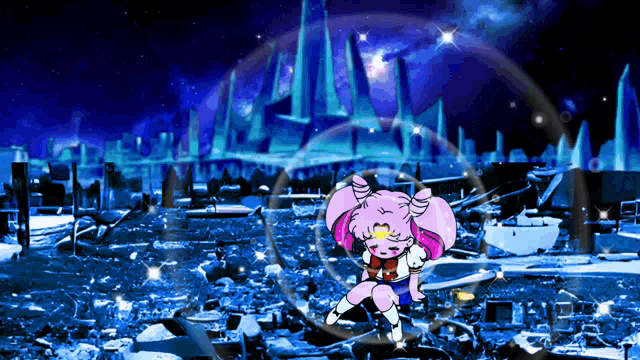 a cartoon character is surrounded by a bubble in a city