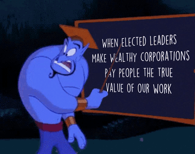 a genie is holding up a sign that says our families will have what we need