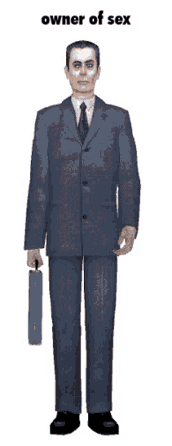 a man in a suit and tie is holding a briefcase with the caption owner of sex above him