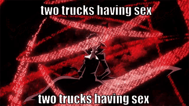 two trucks having sex and two trucks having sex written on a red background