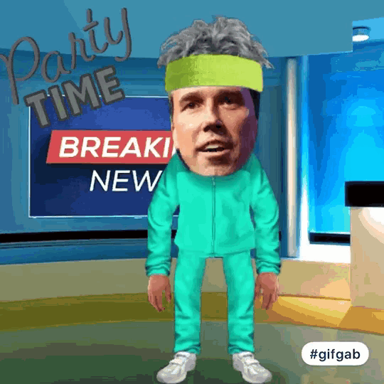 a cartoon of a man wearing a green tracksuit and a green headband says party time break new