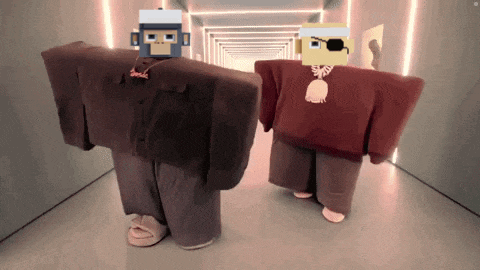 two cartoon characters are standing in a hallway