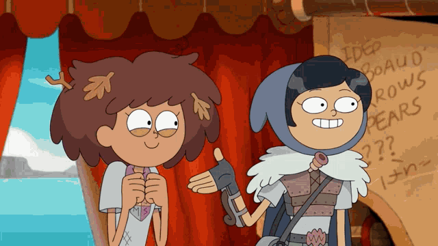 two cartoon characters are standing in front of a sign that says deep board rows pear