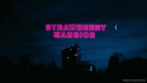 a neon sign for the strawberry mansion is lit up in the dark