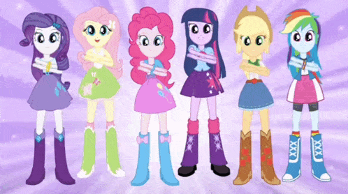 a group of girls standing next to each other with their arms crossed including pinkie pie twilight sparkle and rainbow dash