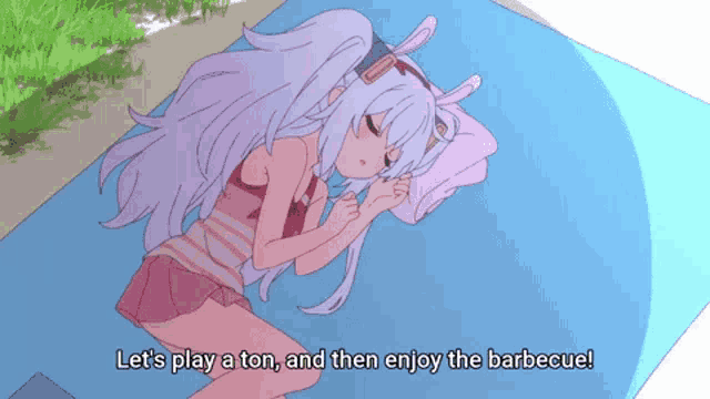a girl is laying on a blue blanket with the words let 's play a ton and then enjoy the barbecue below her