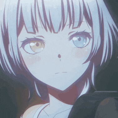 a close up of a girl 's face with white hair and two different colored eyes