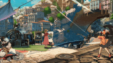 a video game scene with a woman painting on a canvas