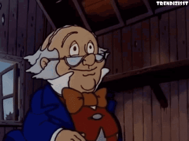 a cartoon character with glasses and a bow tie pointing at something